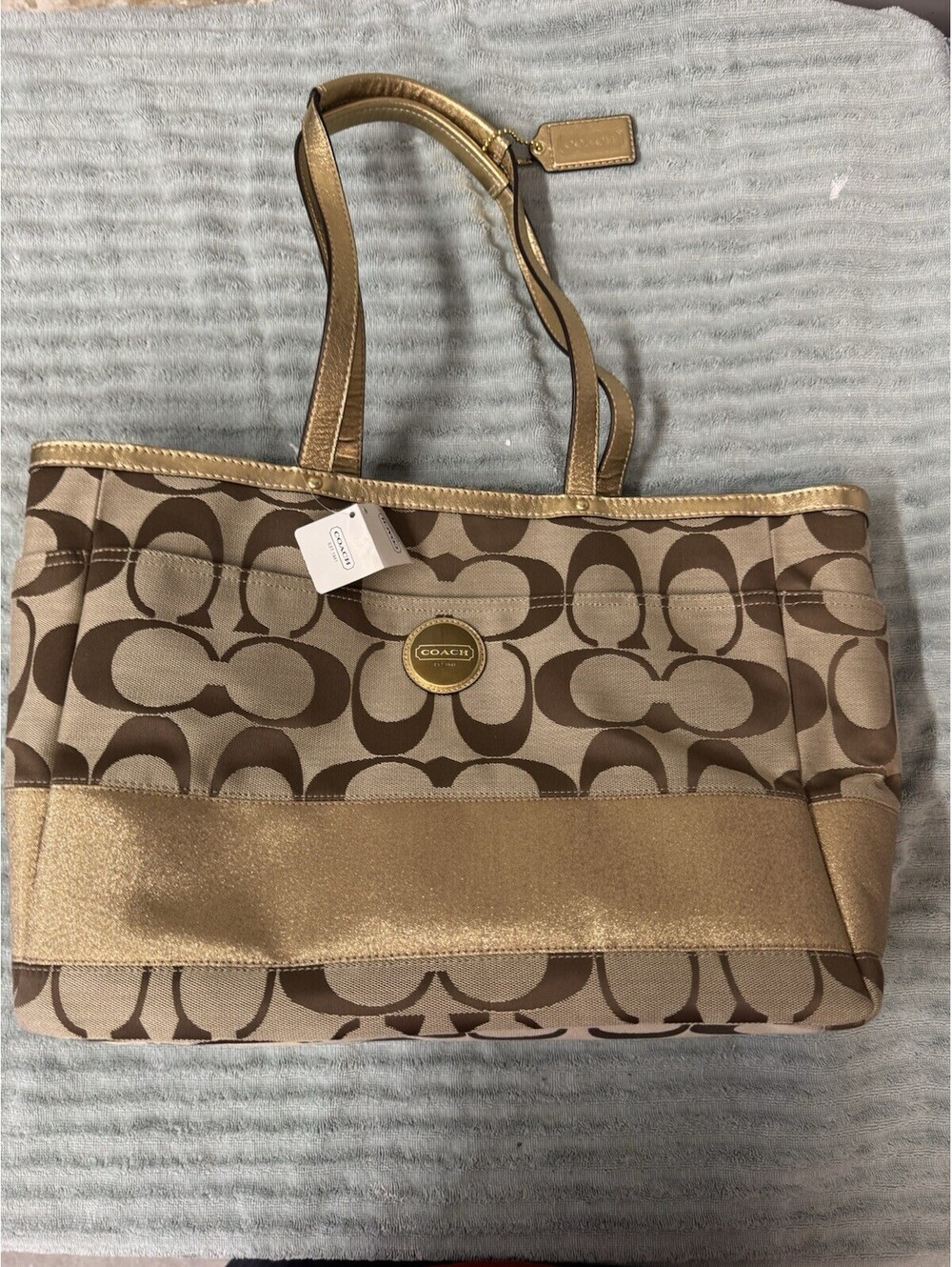 Coach Signature Stripe Diaper Baby Bag Tote F15188 Light Khaki & Papaya